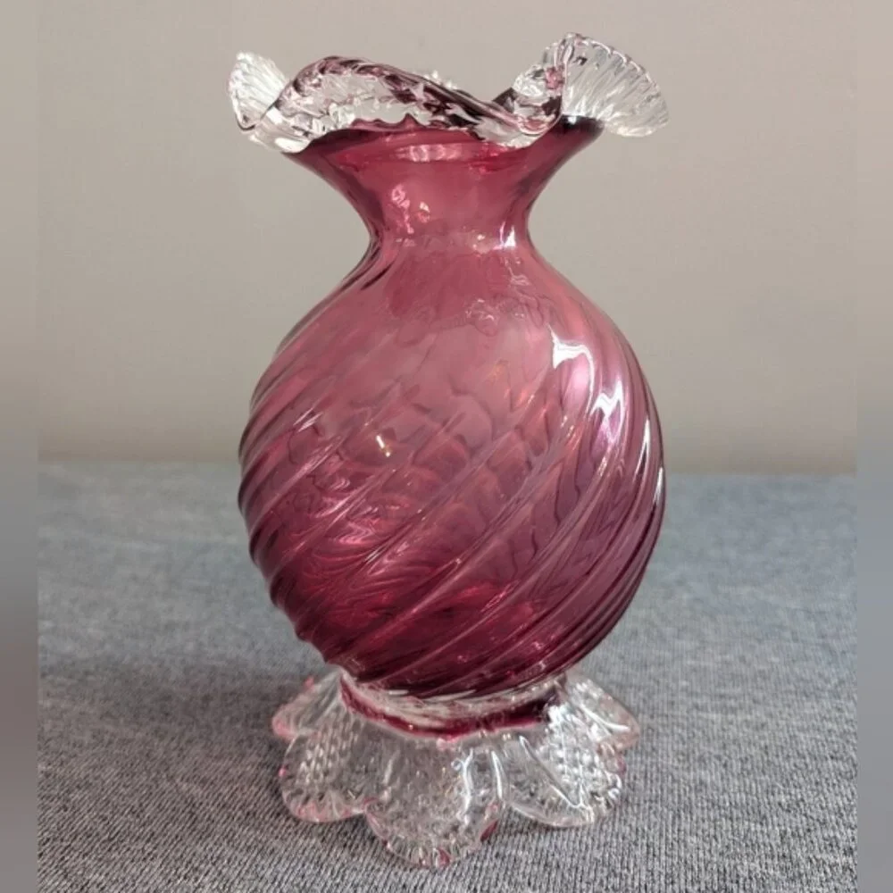 Chalet Blown Glass, Cranberry Swirl/Ribbed Footed Vase - Picture 1 of 6